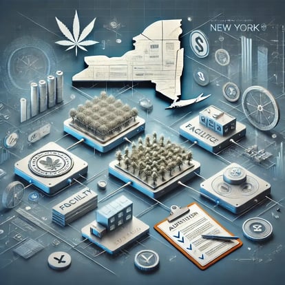 DALL·E 2024-11-27 13.41.06 - A visually engaging digital illustration that represents the journey of obtaining a cannabis cultivation license in New York. The image should include